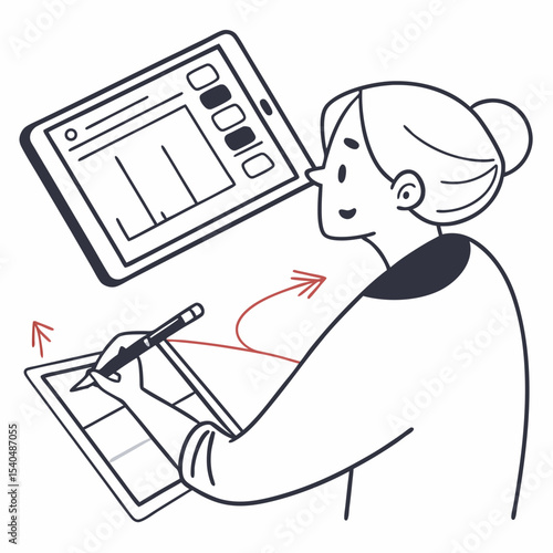 Woman using stylus on digital tablet drawing
