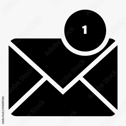 New message notification icon with envelope and alert badge, black and white email symbol on white background
