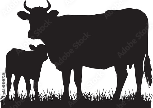 Silhouette of a mother cow and her calf grazing in a field of green grass