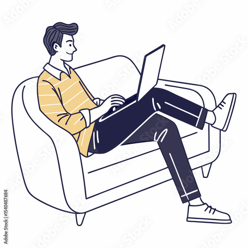 Man relaxing on sofa using laptop computer, clean cutout