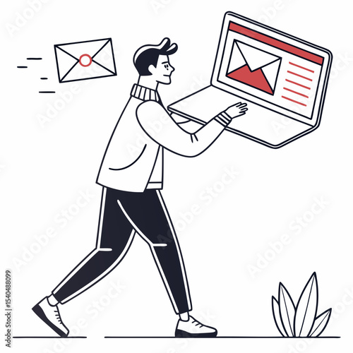Man carrying laptop receiving email fast delivery