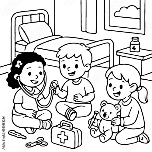 Kids Playing Doctor in Hospital Room Coloring Page - Imaginative Play