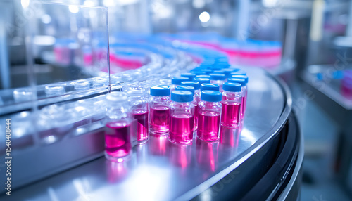 Wallpaper Mural Vials of pink and blue liquid line a conveyor belt in a pharmaceutical manufacturing facility during the day Torontodigital.ca