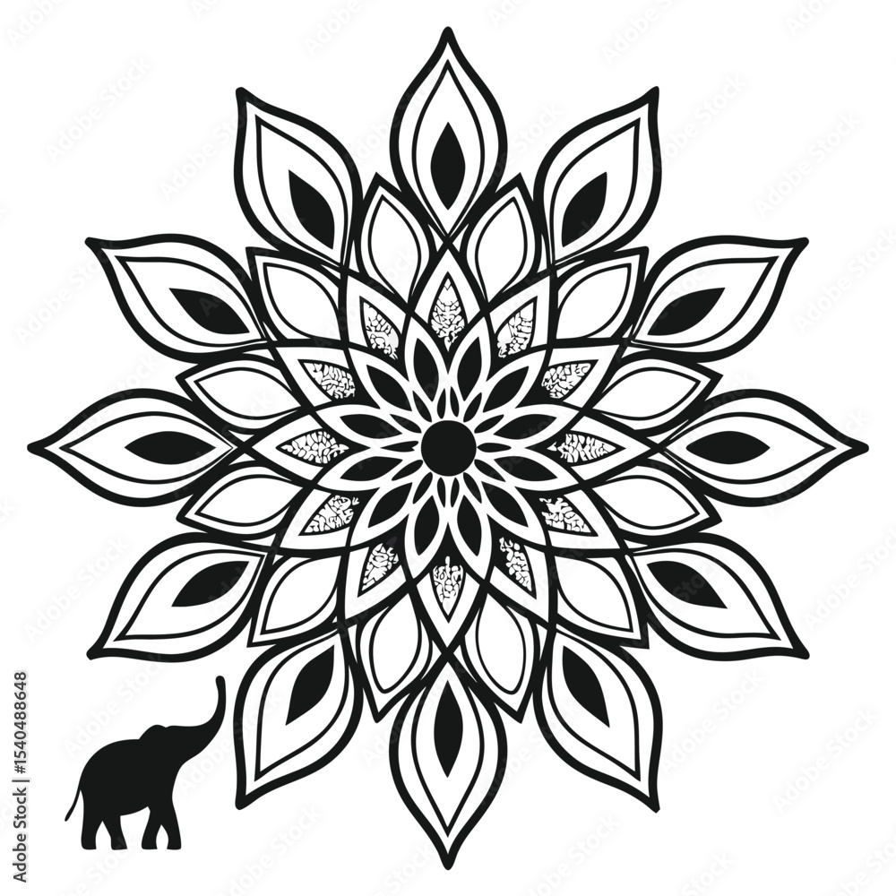 Fototapeta premium Elegant black and white mandala design featuring a small elephant silhouette on white background