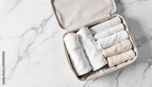 Organized travel bag with rolled towels on marble surface  