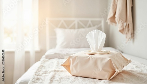 Tissues in a beige holder on a bed in a softly lit bedroom  