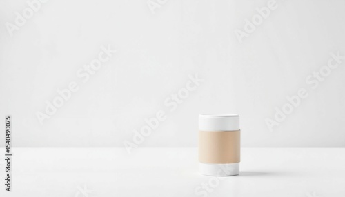 Minimalist jar with beige label on white background  