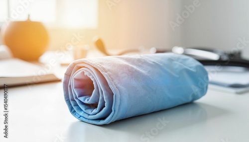 Rolled blue fabric placed on a bright table in a cozy workspace  