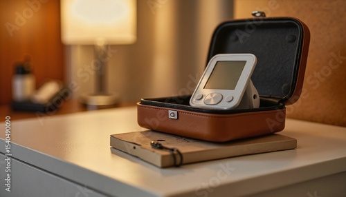 Digital thermometer placed inside leather case on bedside table  