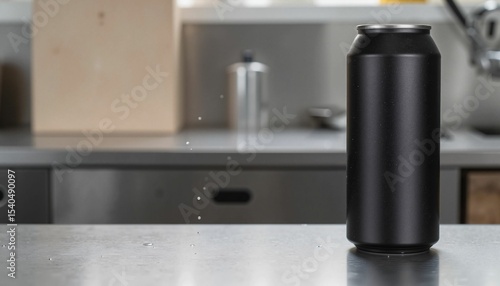 Black can standing on kitchen countertop with droplets of water  