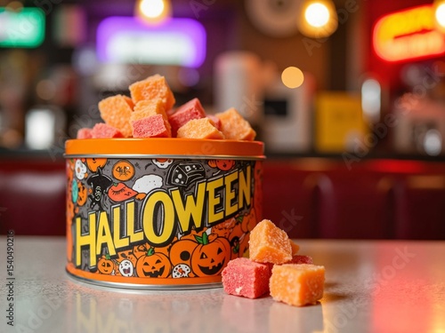 Colorful Halloween candy in decorative tin on table in cafe  