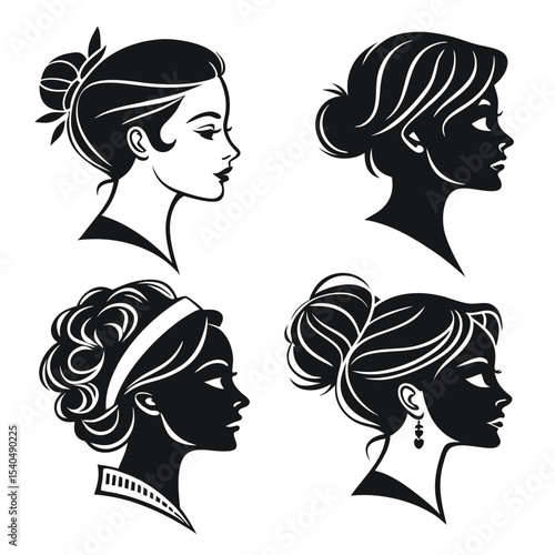 Elegant women portraits in silhouette illustrating hairstyles and facial profiles vector design