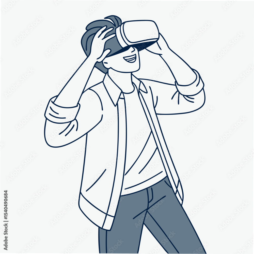 Fototapeta premium Man experiencing virtual reality headset on white background