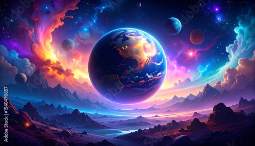 Cosmic Earth with Fantasy Landscape.