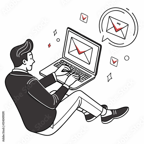 Man working on laptop receiving emails online