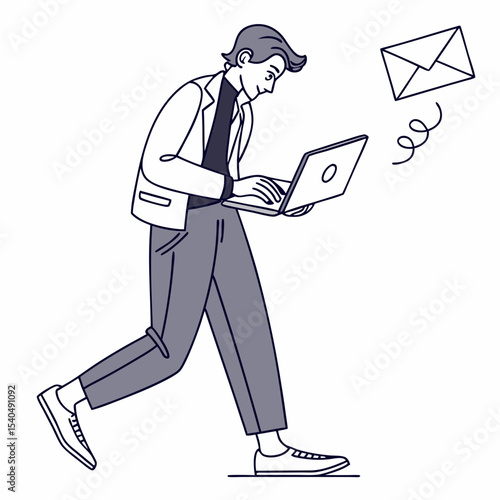Man walking using laptop receiving email