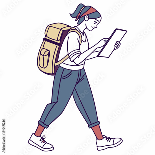 Walking woman backpacker using tablet digital device
