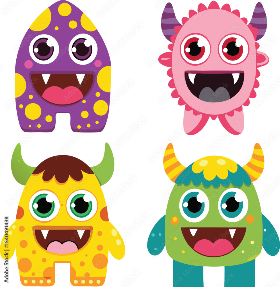 Fototapeta premium Cute Cartoon Monster Characters with Big Eyes and Happy Smiles