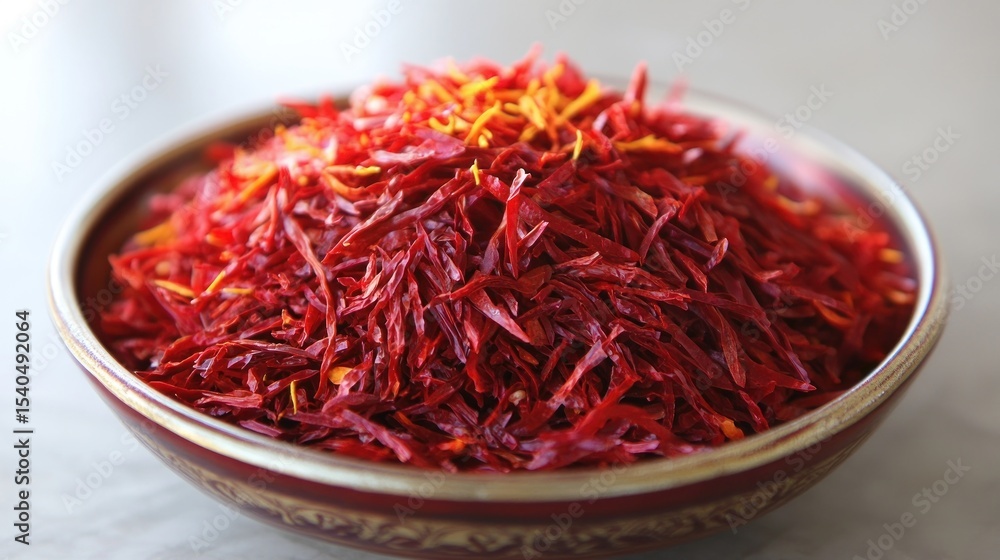 Fototapeta premium Pile of vibrant red saffron threads in a shallow bowl.