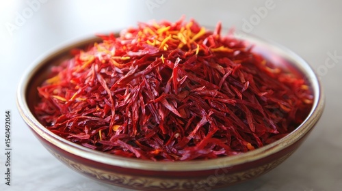 Pile of vibrant red saffron threads in a shallow bowl.