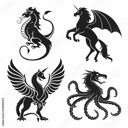 Intricate silhouettes of mythological creatures dragon unicorn griffin and kraken in black and white