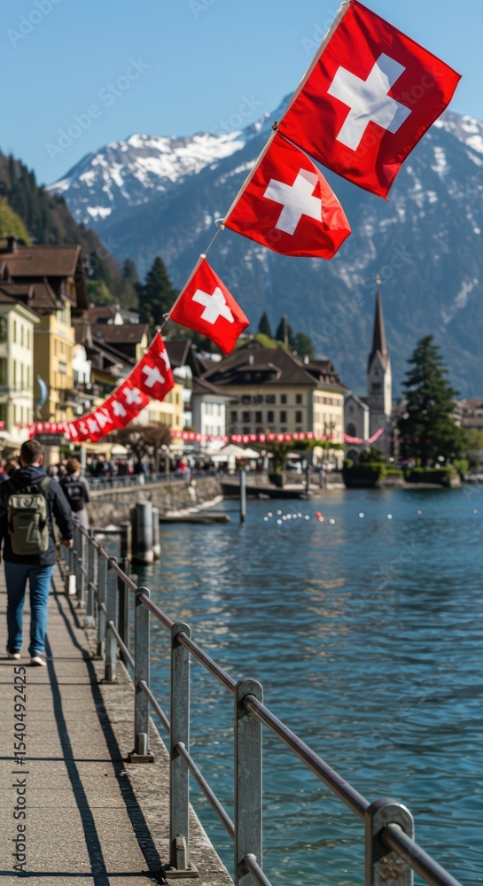 Obraz premium Swiss flags lining a calm lake promenade with distant snow-capped mountains and a picturesque town, representing national pride. Swiss National Day background for greeting card or banner. 