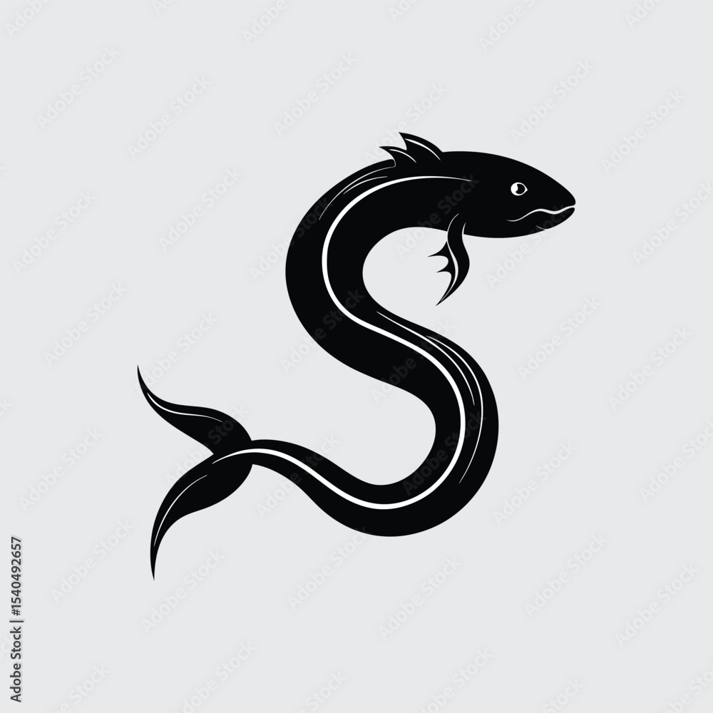 Obraz premium Serpentine Aquatic Creature Elegant Black and White Fish Illustration