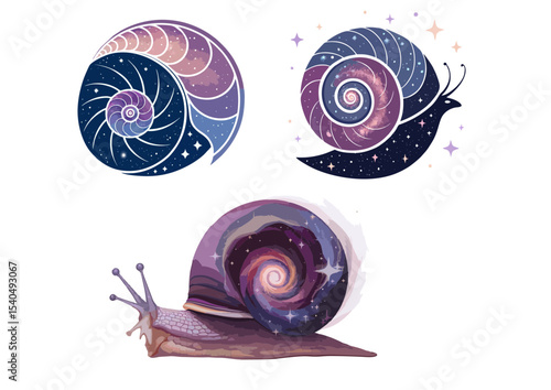 Snail shell unraveling into a galaxy spiral, surreal transformation, flat vector illustration
