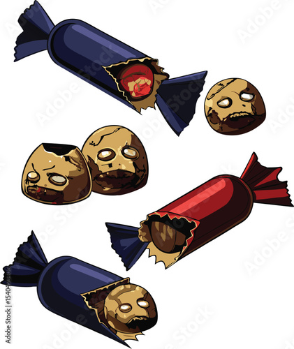 Creepy Halloween Candy with Zombie Faces in Wrapper Isolated Vector Illustration