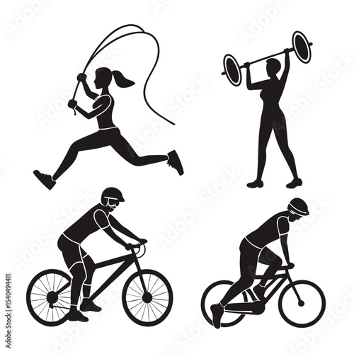 Silhouetted athletes performing various exercises including jumping rope weightlifting and cycling