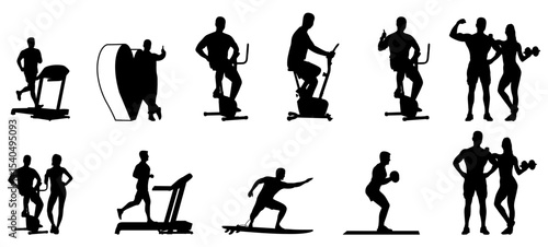 Vector set of adult men and women exercising together on different machines