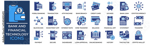 Bank and Financial Technology icon collection set. Containing design Digital Wallet, Mobile Banking, Online Transaction, ATM Machine, Bank Branch