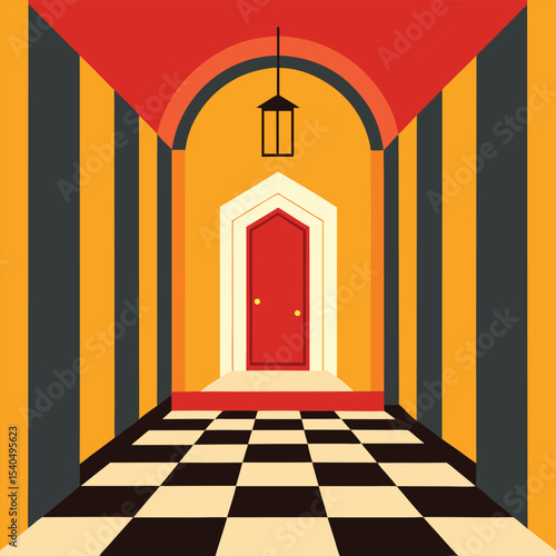 a red door in a hallway with a checkered floor.