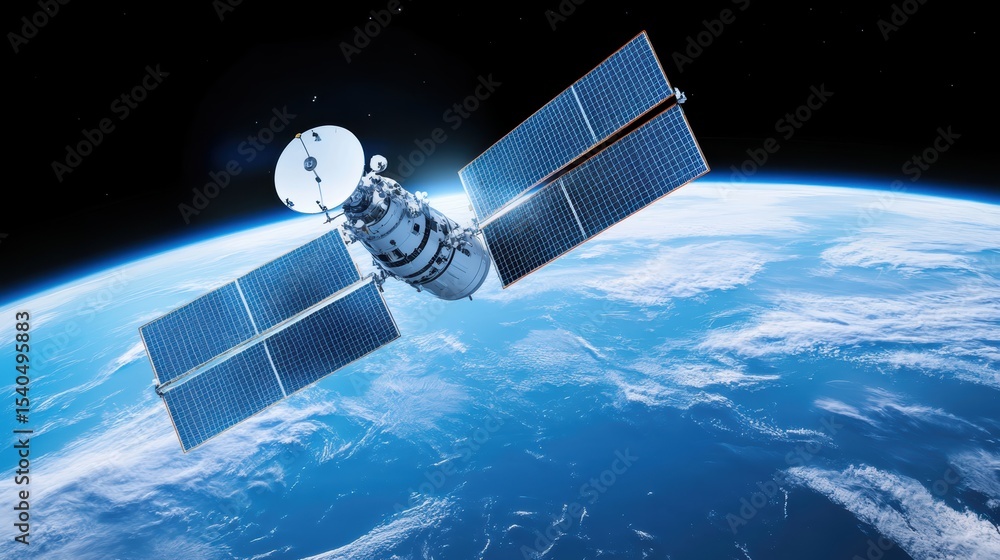 Fototapeta premium A satellite orbits Earth above the atmosphere, with solar panels extended, capturing a view of the planet's blue surface and clouds beneath in space.