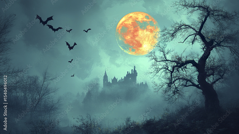 spooky scene featuring dark castle silhouetted against large, glowing moon, with bats flying spooky scene featuring dark castle silhouetted against large, glowing moon, with bats flying