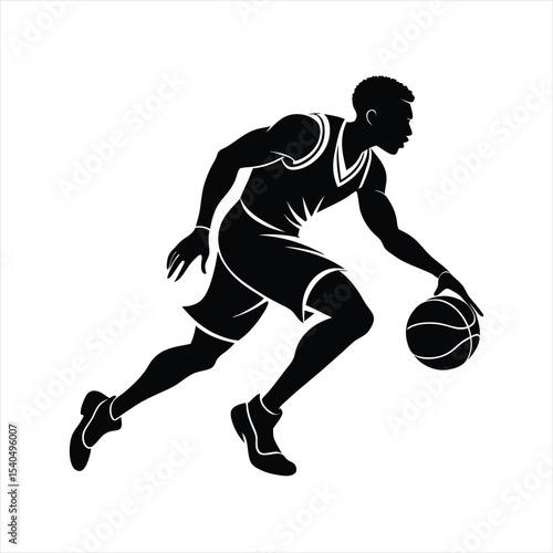 Black and White Basketball Player Dribbling Silhouette Vector