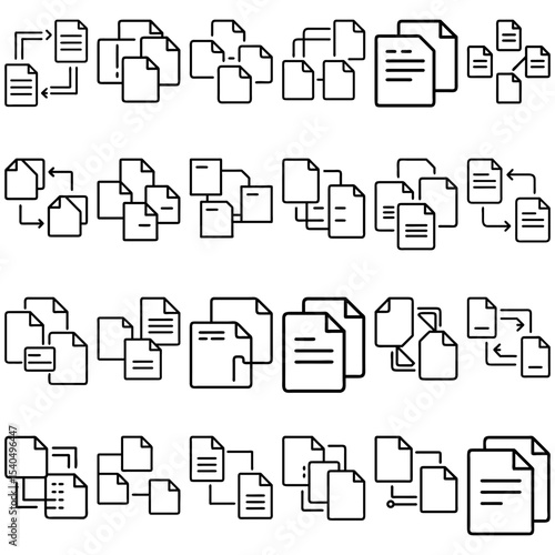 Illustration of multiple file icons connected with lines and arrows in various configurations and sizes