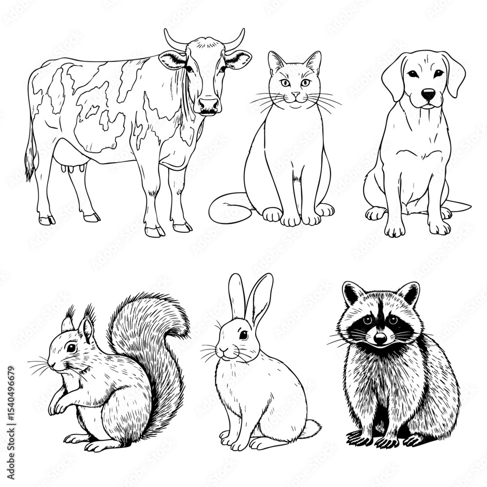 Naklejka premium Types of Animals Hand Drawn Sketch in one Picture, on a Transparent Isolated PNG Background