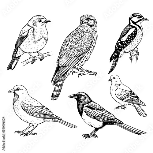Types of Birds Hand Drawn Sketch in one Picture, on a Transparent Isolated PNG Background
