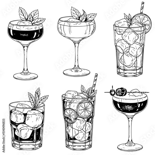 Types of Cocktails Hand Drawn Sketch in one Picture, on a Transparent Isolated PNG Background