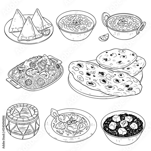 Types of Indian Food Hand Drawn Sketch in one Picture, on a Transparent Isolated PNG Background