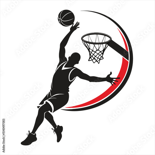 Black and White Slam Dunk Basketball Player Clipart with Red Arc