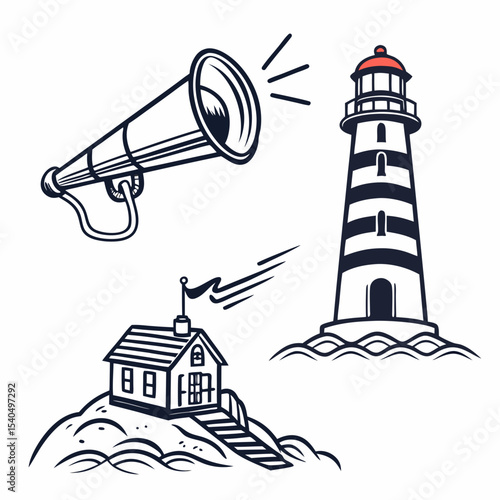Lighthouse seascape megaphone coastal house illustration