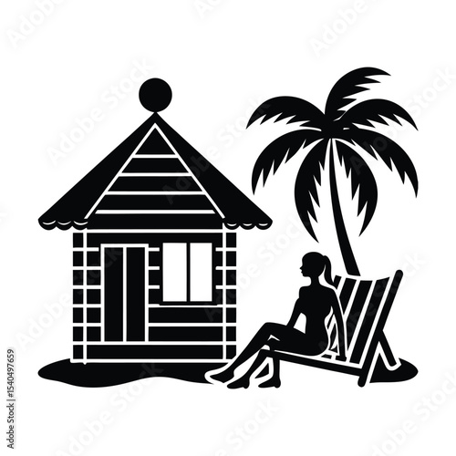 silhouette of a beach hut and a sunbather.