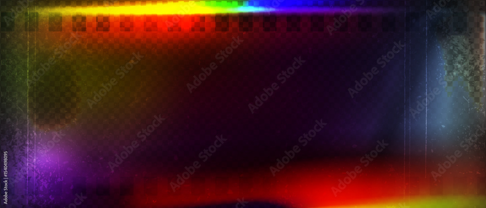 Obraz premium Old film strip leaking light rainbow rays overlay effect and noise texture, Scratched old film strip with grain and bokeh glare effect, Vector vintage background.