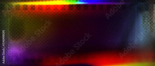 Old film strip leaking light rainbow rays overlay effect and noise texture, Scratched old film strip with grain and bokeh glare effect, Vector vintage background.