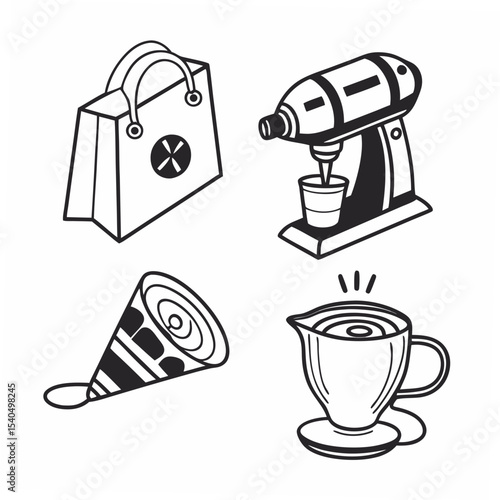 Professional line art icons shopping coffee party supplies