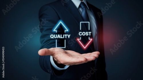 Businessman presenting quality increase and cost reduction with neon icons in hand. The strategic goal of enhancing service quality while minimizing business expenses.