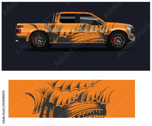Orange Pickup Truck with Abstract Tribal Design Wrap