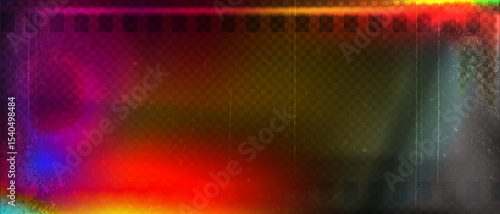 Old film strip leaking light rainbow rays overlay effect and noise texture, Scratched old film strip with grain and bokeh glare effect, Vector vintage background.
